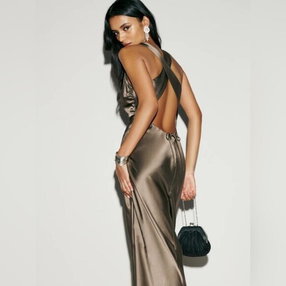 NEW Reformation Anaiis Long Silk Backless Dress Morel Brown | US 6 UK 10 - Picture 10 of 15